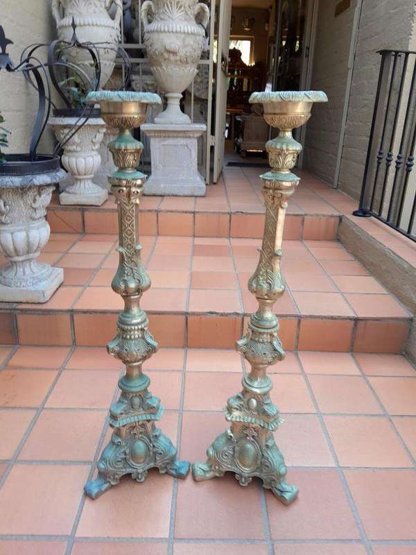 A 20th Century Pair Of French Style Brass Floor Candle Holders Of Large Proportion
