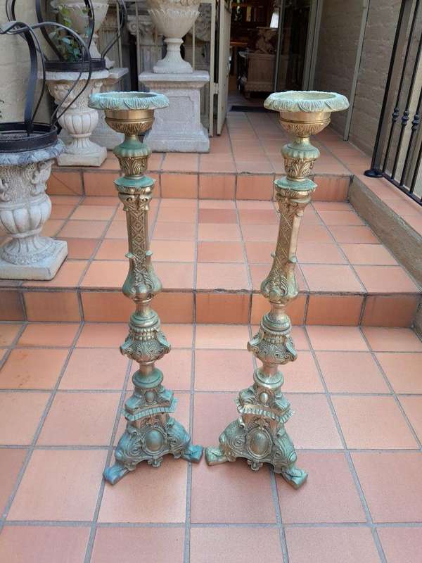 A 20th Century Pair Of French Style Brass Floor Candle Holders Of Large Proportion