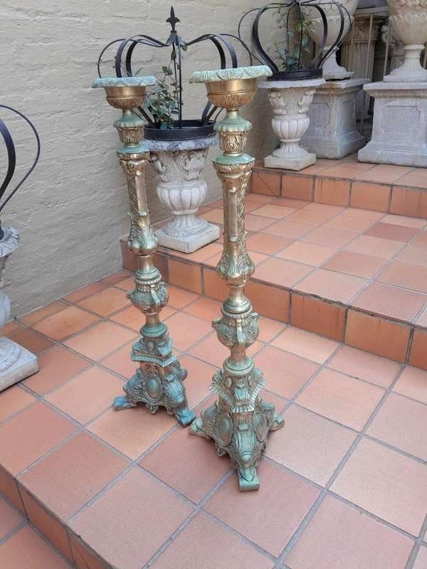 A 20th Century Pair Of French Style Brass Floor Candle Holders Of Large Proportion