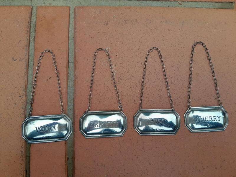 An English/London Set of Four Hallmarked Silver Decanter Labels (PORT, VODKA, SHERRY, BRANDY) (38...