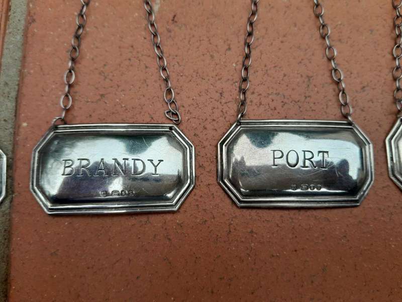 An English/London Set of Four Hallmarked Silver Decanter Labels (PORT, VODKA, SHERRY, BRANDY) (38...