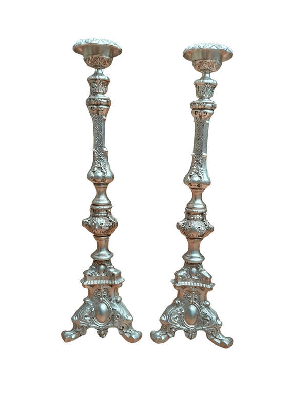 A Pair Of Tall Heavy Metal Silvered Candlesticks / Holders Nd