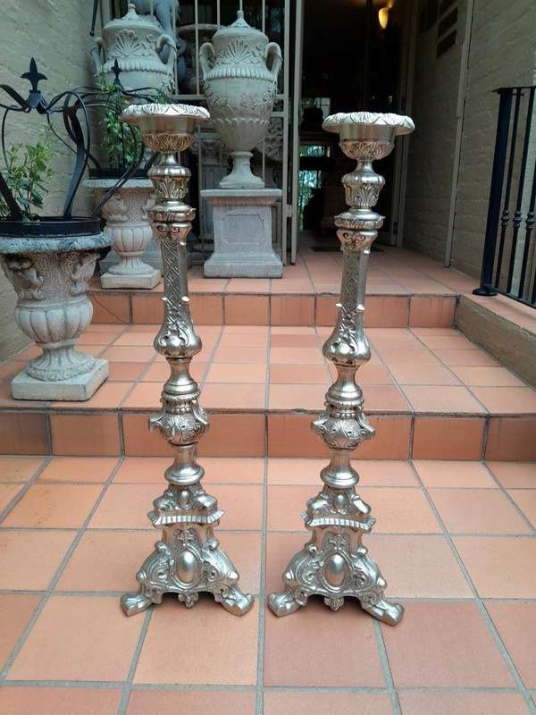 A Pair Of Tall Heavy Metal Silvered Candlesticks / Holders Nd