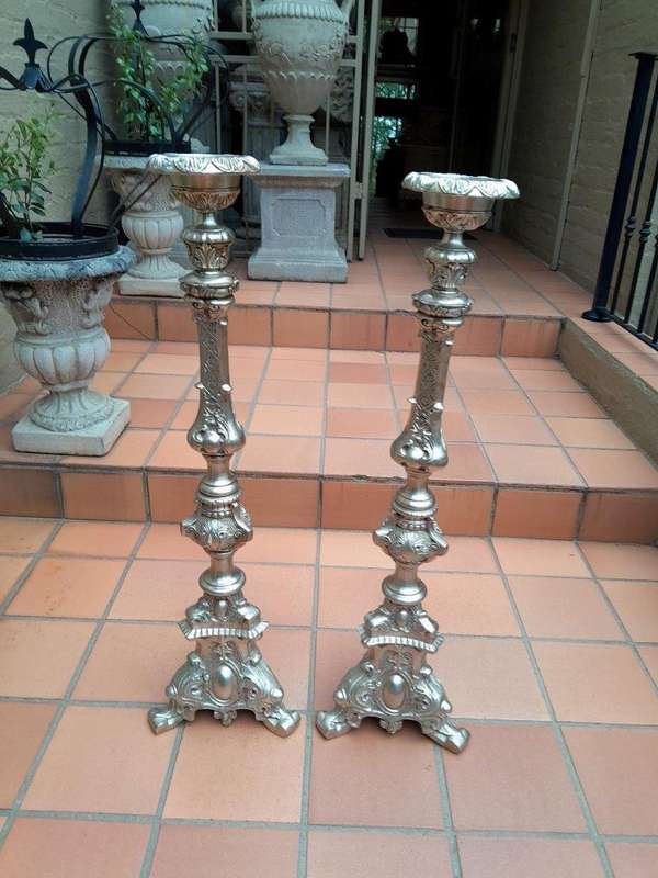 A Pair Of Tall Heavy Metal Silvered Candlesticks / Holders Nd