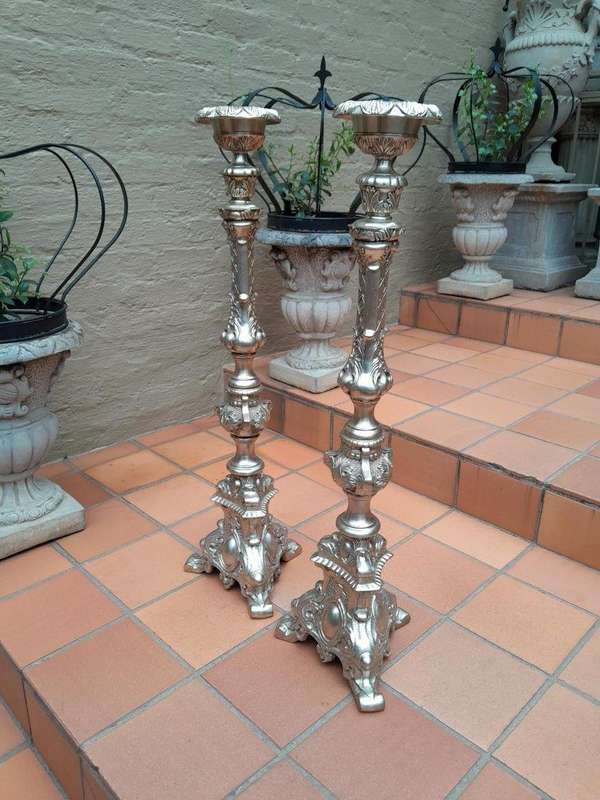 A Pair Of Tall Heavy Metal Silvered Candlesticks / Holders Nd