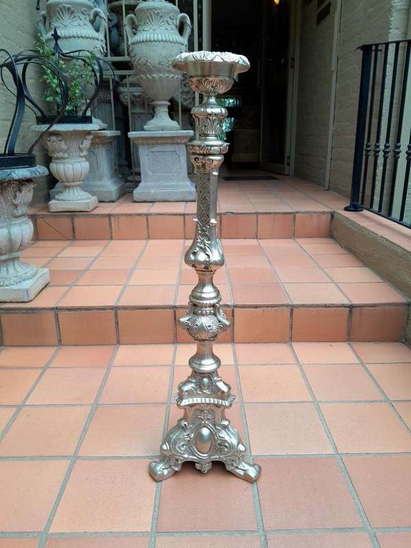 A Pair Of Tall Heavy Metal Silvered Candlesticks / Holders Nd