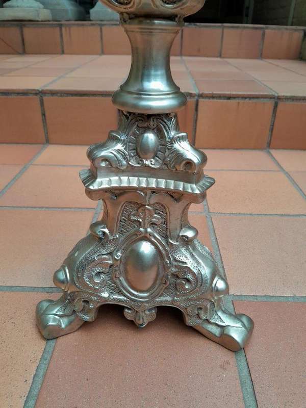 A Pair Of Tall Heavy Metal Silvered Candlesticks / Holders Nd