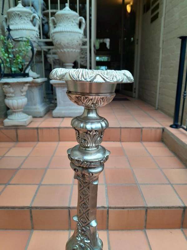 A Pair Of Tall Heavy Metal Silvered Candlesticks / Holders Nd