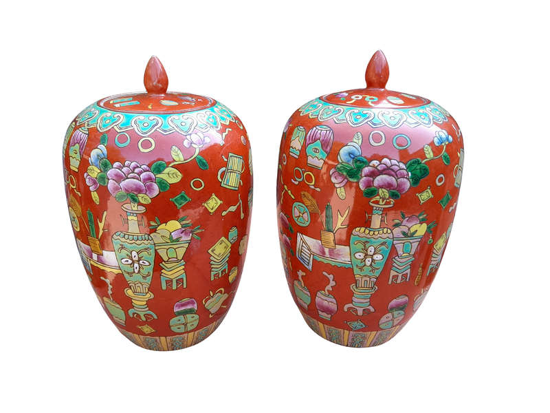 A Pair of Chinese Porcelain Ginger Jars with Lids 