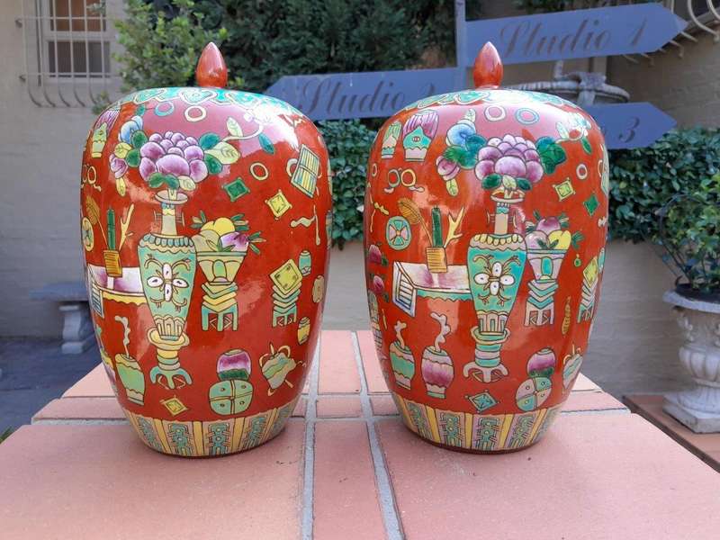 A Pair of Chinese Porcelain Ginger Jars with Lids 