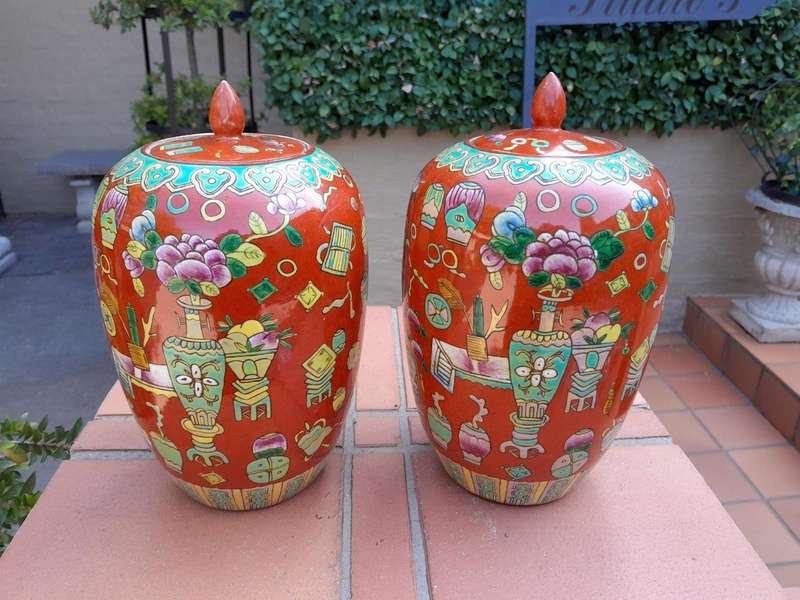 A Pair of Chinese Porcelain Ginger Jars with Lids 