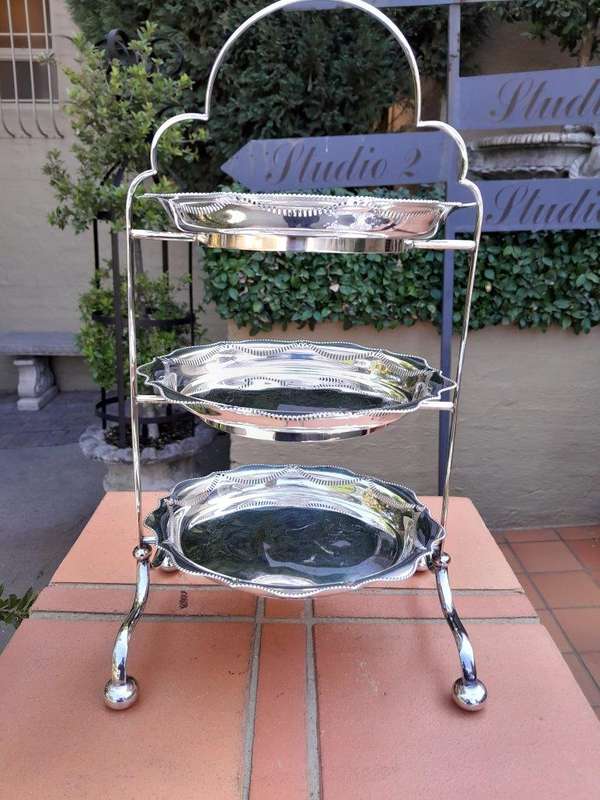 An Antique English Edwardian Tall Silver-Plate Cake / Food Stand with Three Removable Plates / Bowls