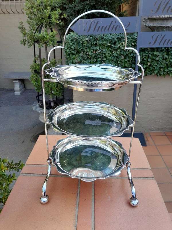 An Antique English Edwardian Tall Silver-Plate Cake / Food Stand with Three Removable Plates / Bowls
