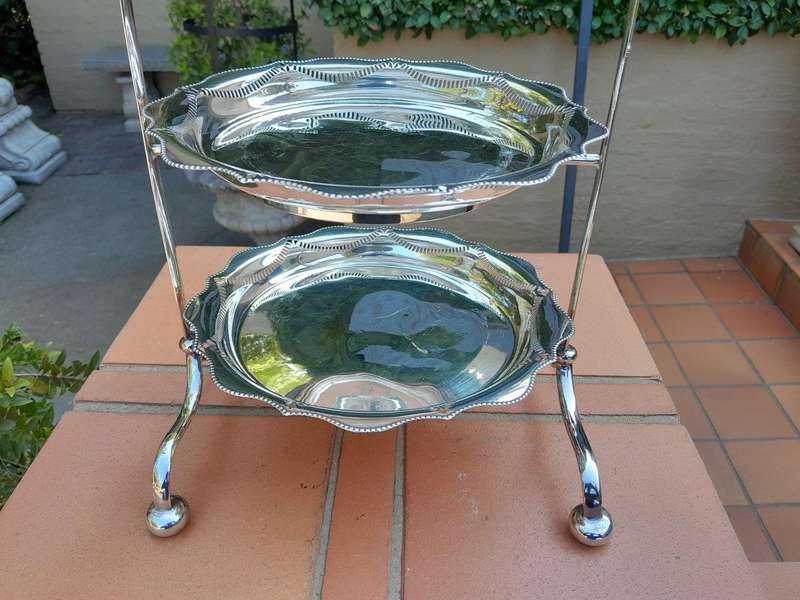 An Antique English Edwardian Tall Silver-Plate Cake / Food Stand with Three Removable Plates / Bowls