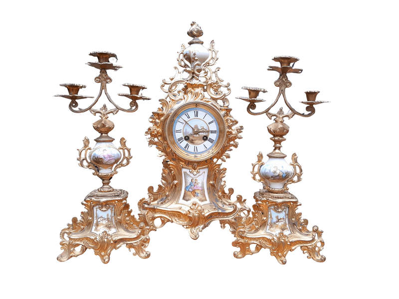 An Antique Century French Rococo Style Clock Garniture Set with Pair of Candelabras  with  Pend...