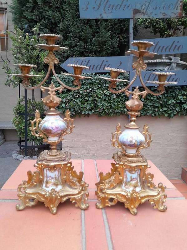 An Antique Century French Rococo Style Clock Garniture Set with Pair of Candelabras  with  Pend...