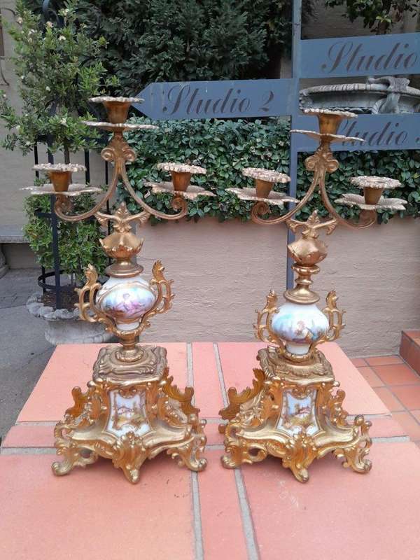 An Antique Century French Rococo Style Clock Garniture Set with Pair of Candelabras  with  Pend...