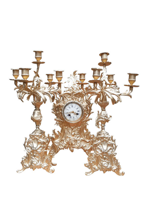An Antique 19th Century French Rococo Style Gilt Metal Clock and Candelabra Garniture Set