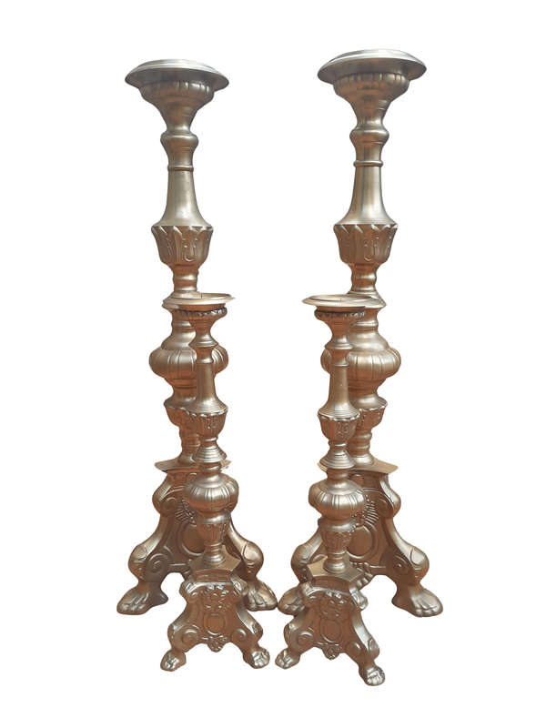 A 20th Century Set Of Four (Two Sized Pairs) Of Solid Brass Rococo Style Candelabras