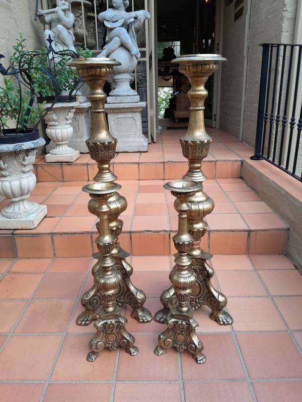 A 20th Century Set Of Four (Two Sized Pairs) Of Solid Brass Rococo Style Candelabras
