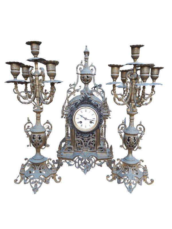 A 20th Century French Louis Xvi Style Clock And Garniture Set With Matching Candelabras