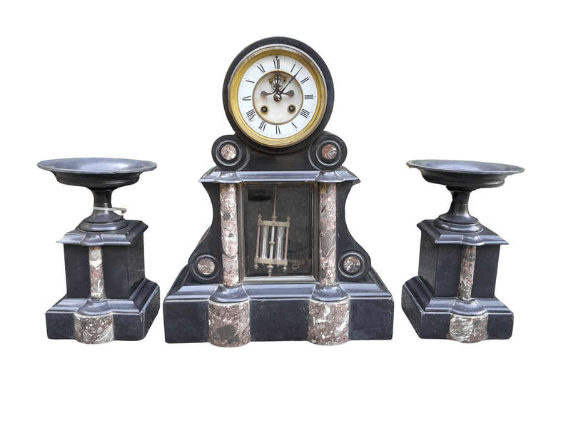 An Antique 1900s Victorian Black Marble Clock With Mercury Compensation Pendulum Garniture Set ...