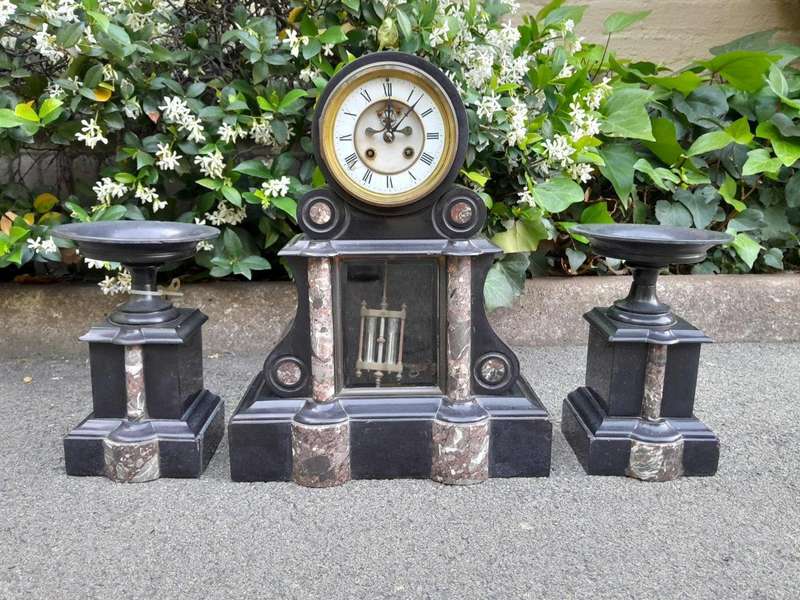 An Antique 1900s Victorian Black Marble Clock With Mercury Compensation Pendulum Garniture Set ...