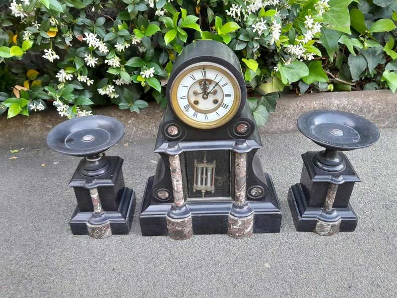 An Antique 1900s Victorian Black Marble Clock With Mercury Compensation Pendulum Garniture Set ...