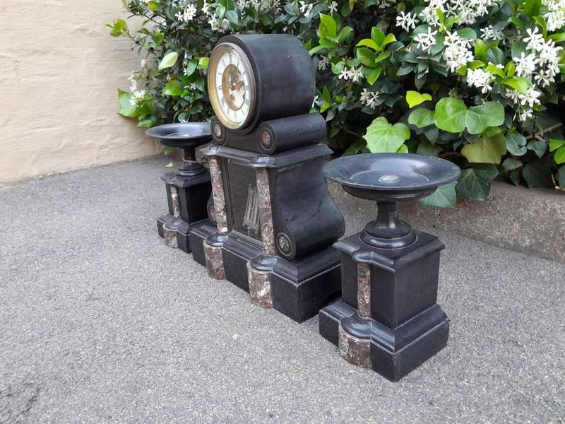 An Antique 1900s Victorian Black Marble Clock With Mercury Compensation Pendulum Garniture Set ...
