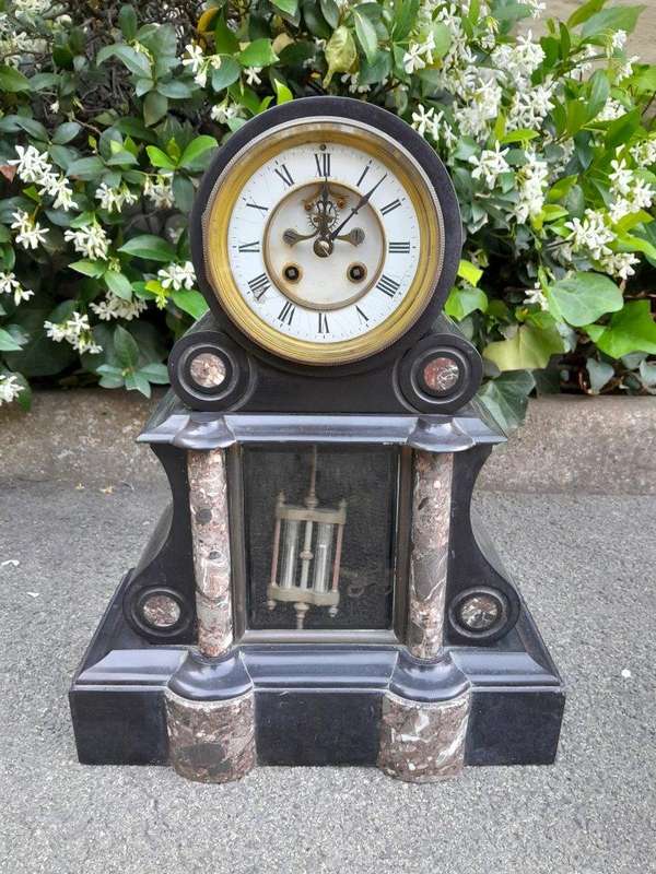 An Antique 1900s Victorian Black Marble Clock With Mercury Compensation Pendulum Garniture Set ...