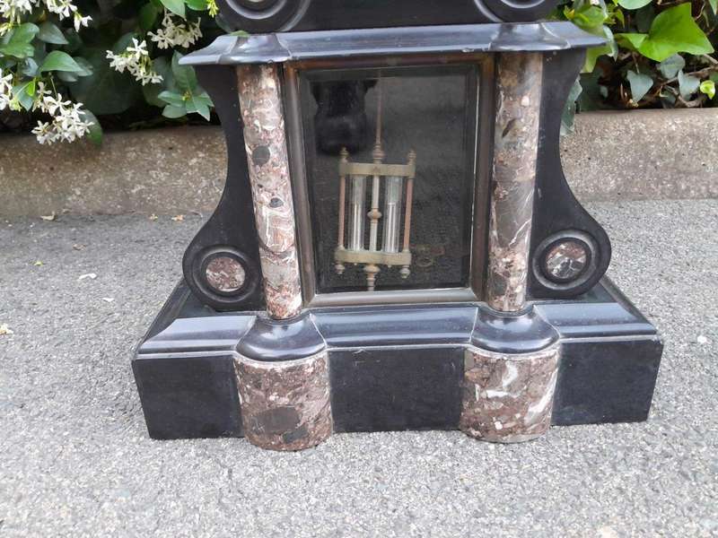 An Antique 1900s Victorian Black Marble Clock With Mercury Compensation Pendulum Garniture Set ...