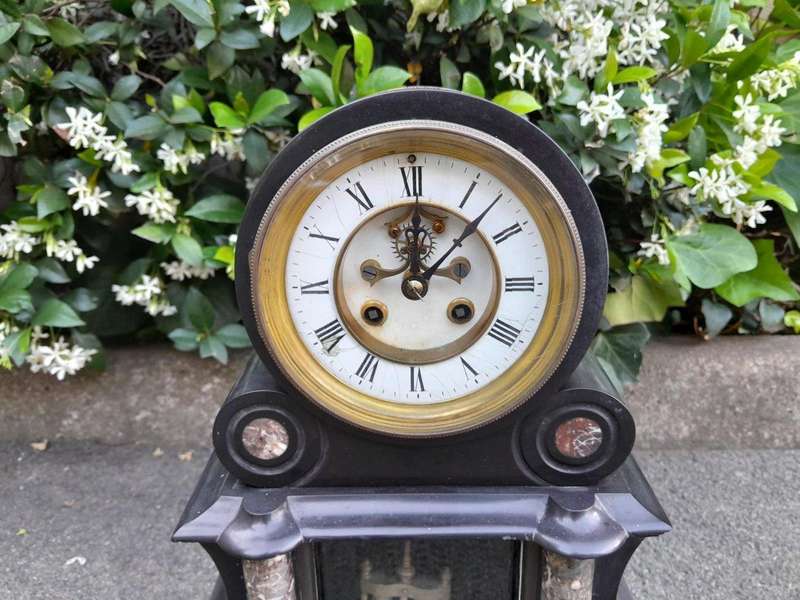 An Antique 1900s Victorian Black Marble Clock With Mercury Compensation Pendulum Garniture Set ...