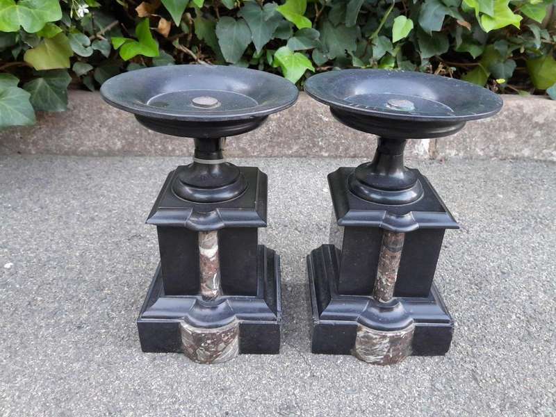 An Antique 1900s Victorian Black Marble Clock With Mercury Compensation Pendulum Garniture Set ...