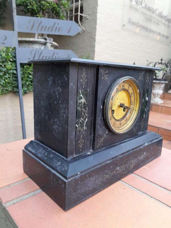 An Antique Victorian Black Slate And Marble Clock