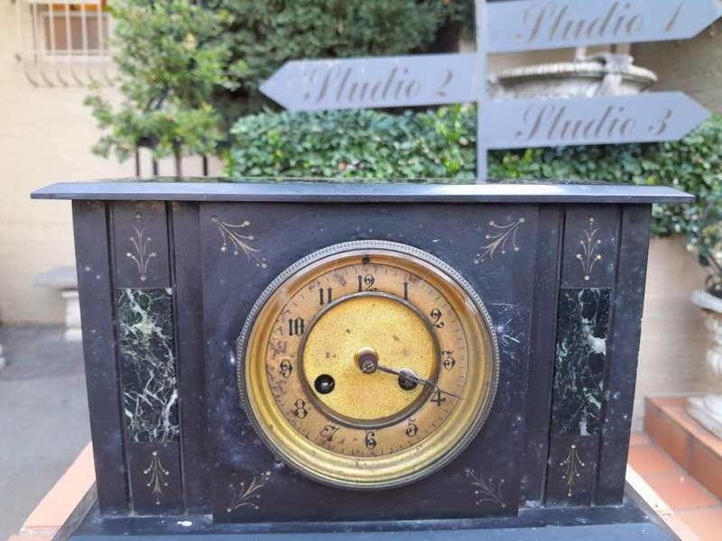 An Antique Victorian Black Slate And Marble Clock