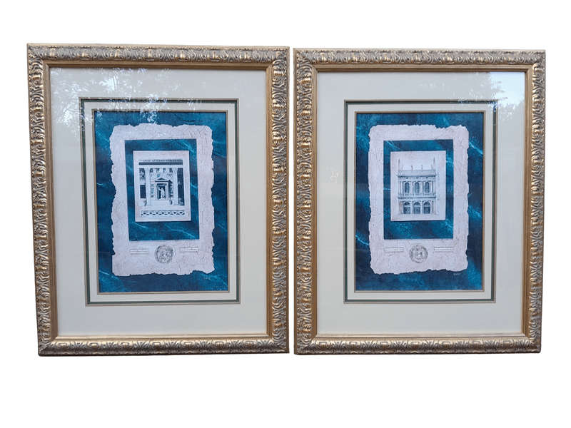 A 20th Century Pair Of Architectural Signed Hunter In Plates