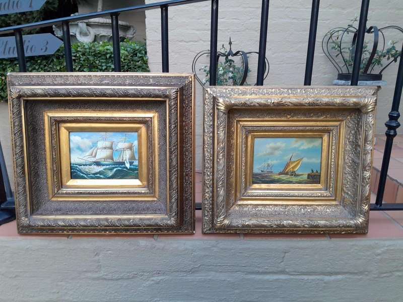 A Set of Two of 20TH Century Docking of Boats Signed in Ornately Gilded Frames