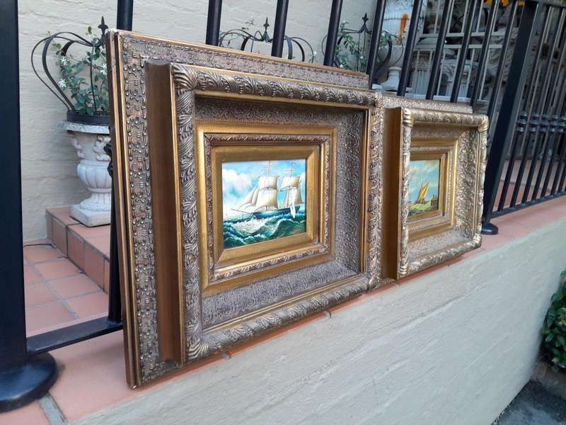 A Set of Two of 20TH Century Docking of Boats Signed in Ornately Gilded Frames