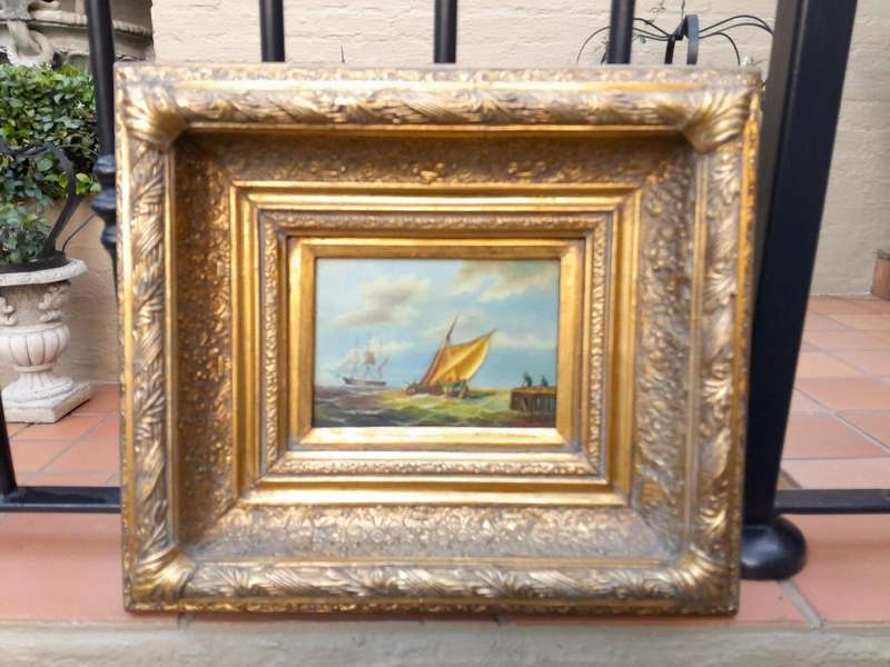 A Set of Two of 20TH Century Docking of Boats Signed in Ornately Gilded Frames