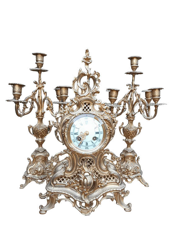 An Antique 19th Century French Rococo Gilt Ormolu Clock Garniture Set with a  Pair of Matching C...