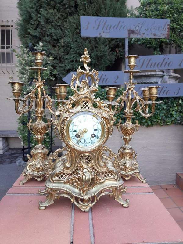 An Antique 19th Century French Rococo Gilt Ormolu Clock Garniture Set with a  Pair of Matching C...