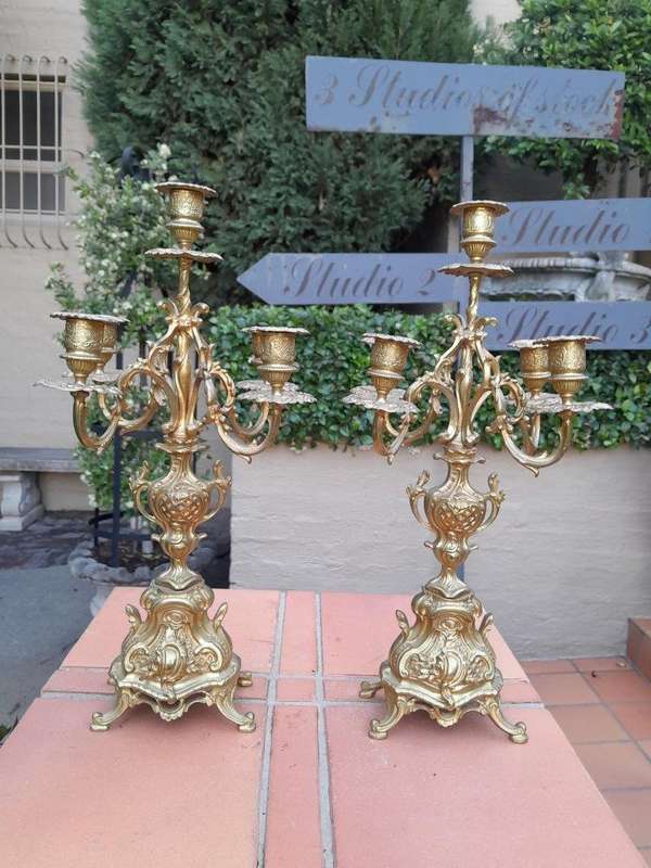 An Antique 19th Century French Rococo Gilt Ormolu Clock Garniture Set with a  Pair of Matching C...