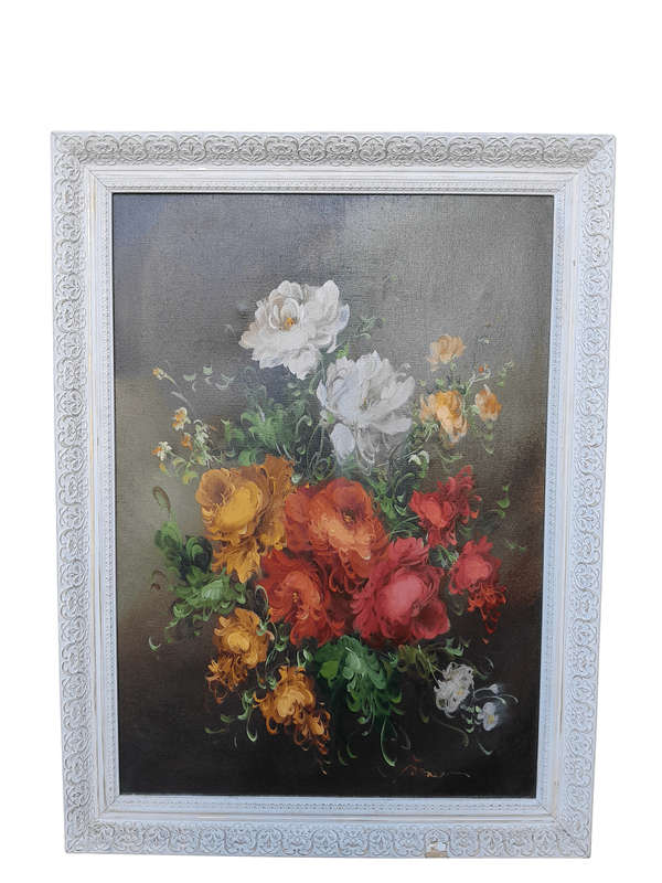 A Signed Floral Oil on Canvas in Cream Frame