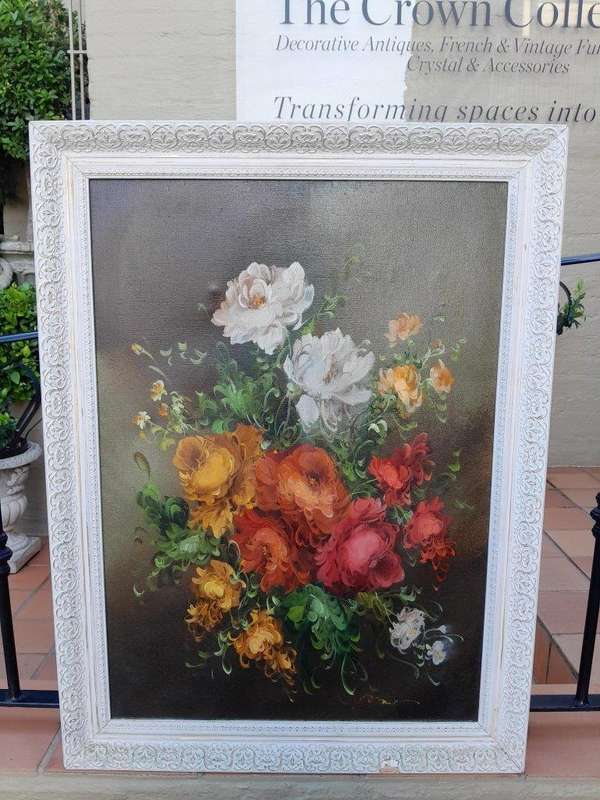 A Signed Floral Oil on Canvas in Cream Frame