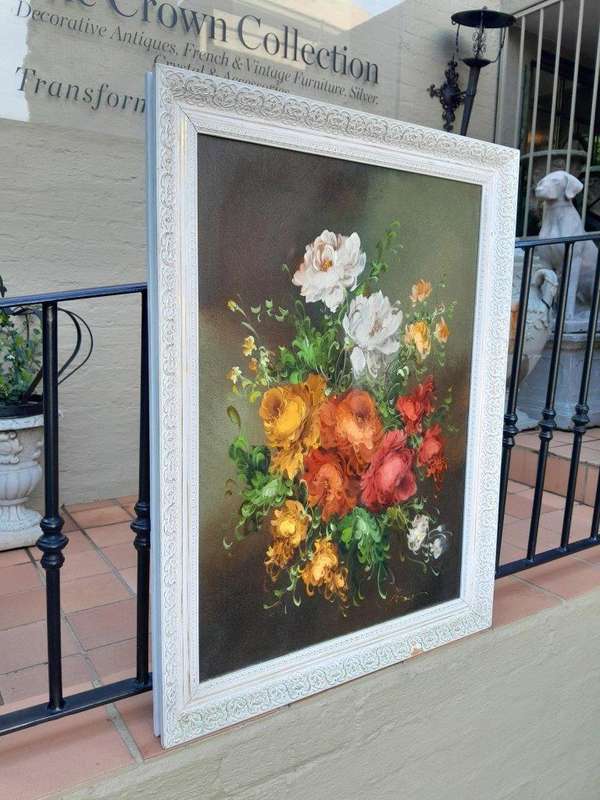 A Signed Floral Oil on Canvas in Cream Frame