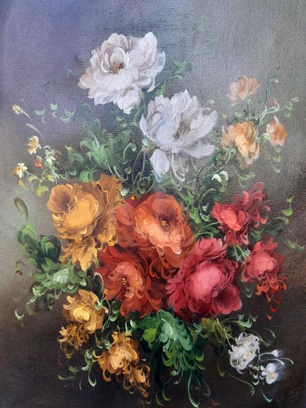 A Signed Floral Oil on Canvas in Cream Frame