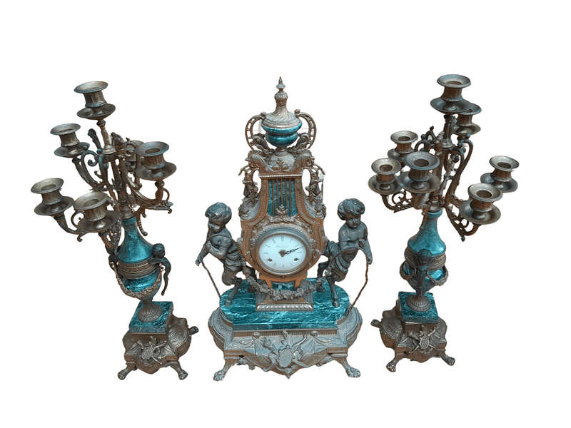 A 20th Century Louis XVl Style Brass and Marble Garniture Set Comprising Clock and Pair of Candel...