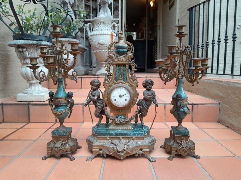 A 20th Century Louis XVl Style Brass and Marble Garniture Set Comprising Clock and Pair of Candel...