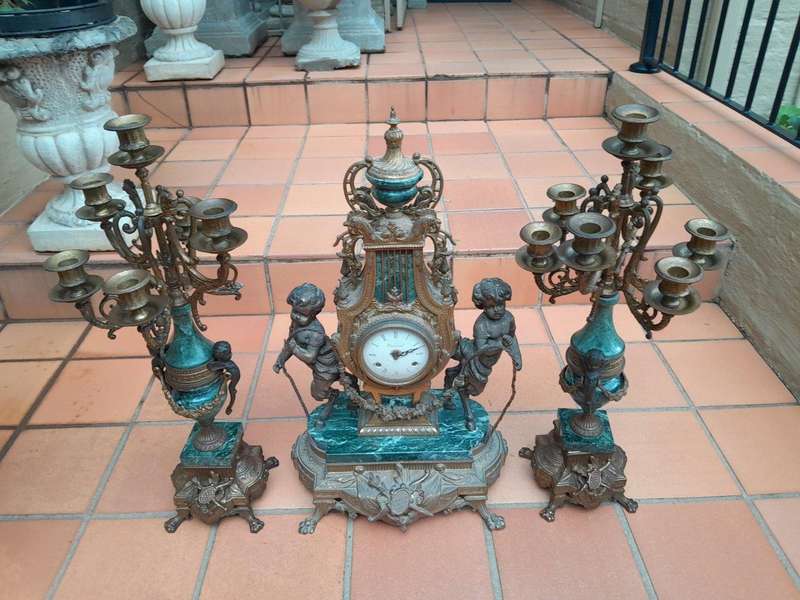 A 20th Century Louis XVl Style Brass and Marble Garniture Set Comprising Clock and Pair of Candel...