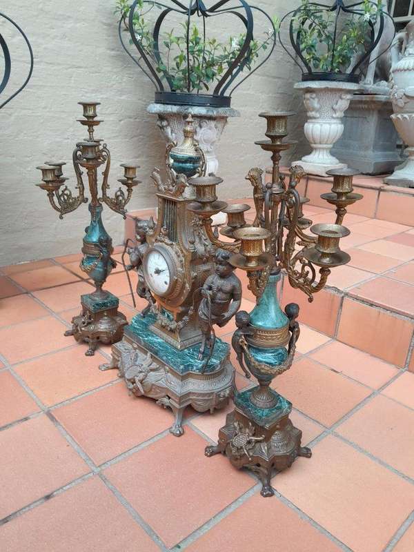 A 20th Century Louis XVl Style Brass and Marble Garniture Set Comprising Clock and Pair of Candel...